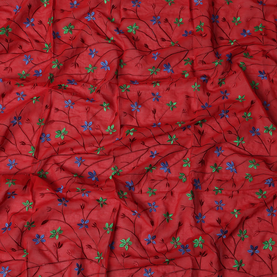 Red Swiss Cotton Voile Sudanese Thobe Fabric with Multicolor Floral Embroidery, 4.5 MetersX140 Cms-D21377