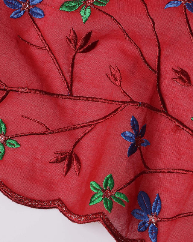 Red Swiss Cotton Voile Sudanese Thobe Fabric with Multicolor Floral Embroidery, 4.5 MetersX140 Cms-D21377