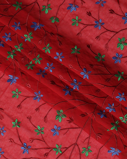 Red Swiss Cotton Voile Sudanese Thobe Fabric with Multicolor Floral Embroidery, 4.5 MetersX140 Cms-D21377