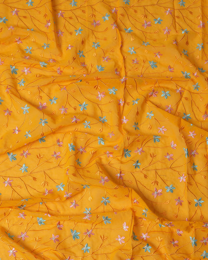 Yellow Swiss Cotton Voile Sudanese Thobe Fabric with Multicolor Floral Embroidery, 4.5 MetersX140 Cms-D21378