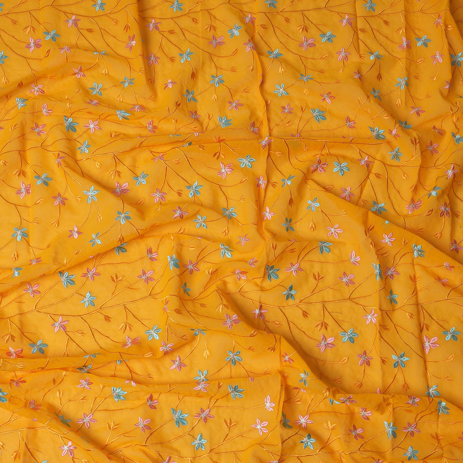 Yellow Swiss Cotton Voile Sudanese Thobe Fabric with Multicolor Floral Embroidery, 4.5 MetersX140 Cms-D21378 Regal Fabrics