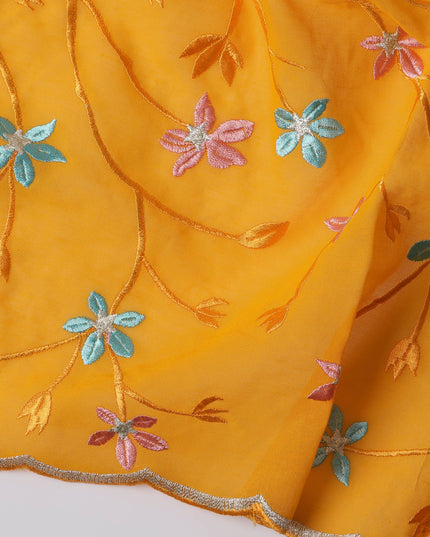 Yellow Swiss Cotton Voile Sudanese Thobe Fabric with Multicolor Floral Embroidery, 4.5 MetersX140 Cms-D21378