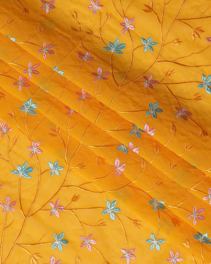 Yellow Swiss Cotton Voile Sudanese Thobe Fabric with Multicolor Floral Embroidery, 4.5 MetersX140 Cms-D21378