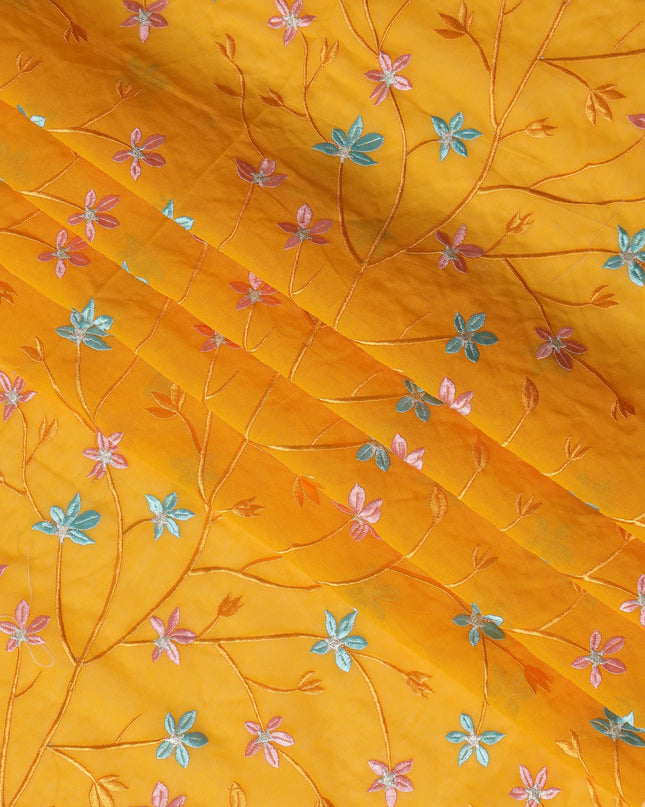 Yellow Swiss Cotton Voile Sudanese Thobe Fabric with Multicolor Floral Embroidery, 4.5 MetersX140 Cms-D21378