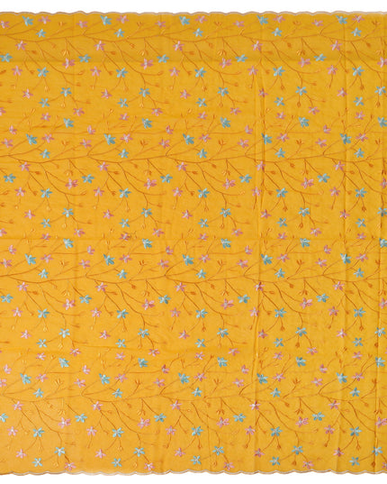 Yellow Swiss Cotton Voile Sudanese Thobe Fabric with Multicolor Floral Embroidery, 4.5 MetersX140 Cms-D21378