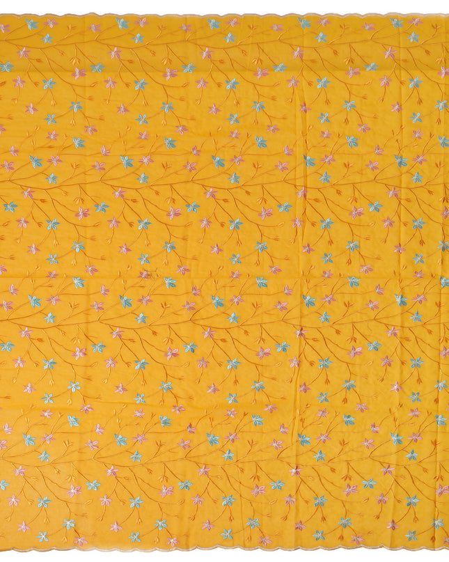 Yellow Swiss Cotton Voile Sudanese Thobe Fabric with Multicolor Floral Embroidery, 4.5 MetersX140 Cms-D21378