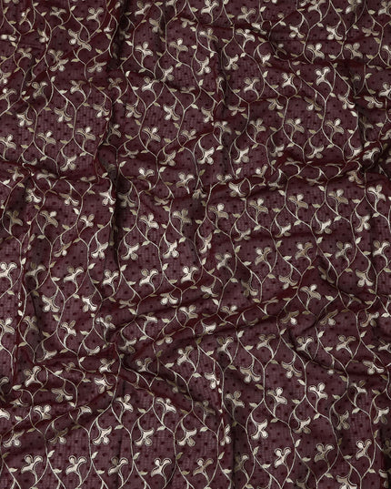 Maroon Swiss Cotton Voile Sudanese Thobe Fabric with White Floral Embroidery, 4.5 MetersX140 Cms-D21379