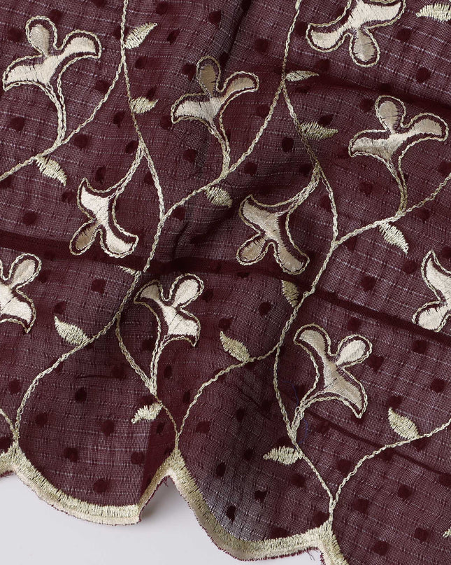 Maroon Swiss Cotton Voile Sudanese Thobe Fabric with White Floral Embroidery, 4.5 MetersX140 Cms-D21379