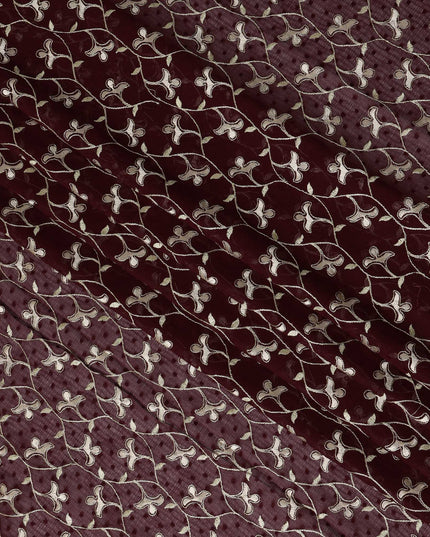 Maroon Swiss Cotton Voile Sudanese Thobe Fabric with White Floral Embroidery, 4.5 MetersX140 Cms-D21379