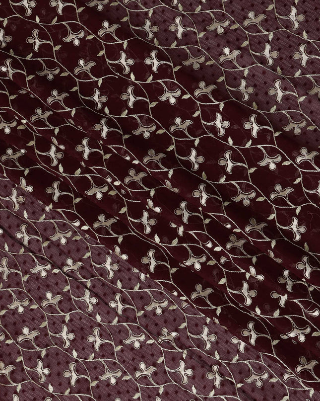 Maroon Swiss Cotton Voile Sudanese Thobe Fabric with White Floral Embroidery, 4.5 MetersX140 Cms-D21379