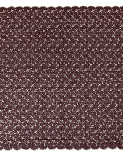 Maroon Swiss Cotton Voile Sudanese Thobe Fabric with White Floral Embroidery, 4.5 MetersX140 Cms-D21379