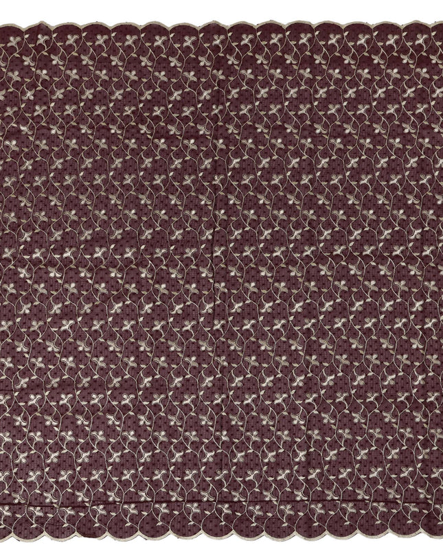 Maroon Swiss Cotton Voile Sudanese Thobe Fabric with White Floral Embroidery, 4.5 MetersX140 Cms-D21379