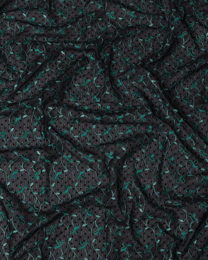 Black Swiss Cotton Voile Sudanese Thobe Fabric with Green Floral Embroidery, 4.5 MetersX140 Cms-D21380