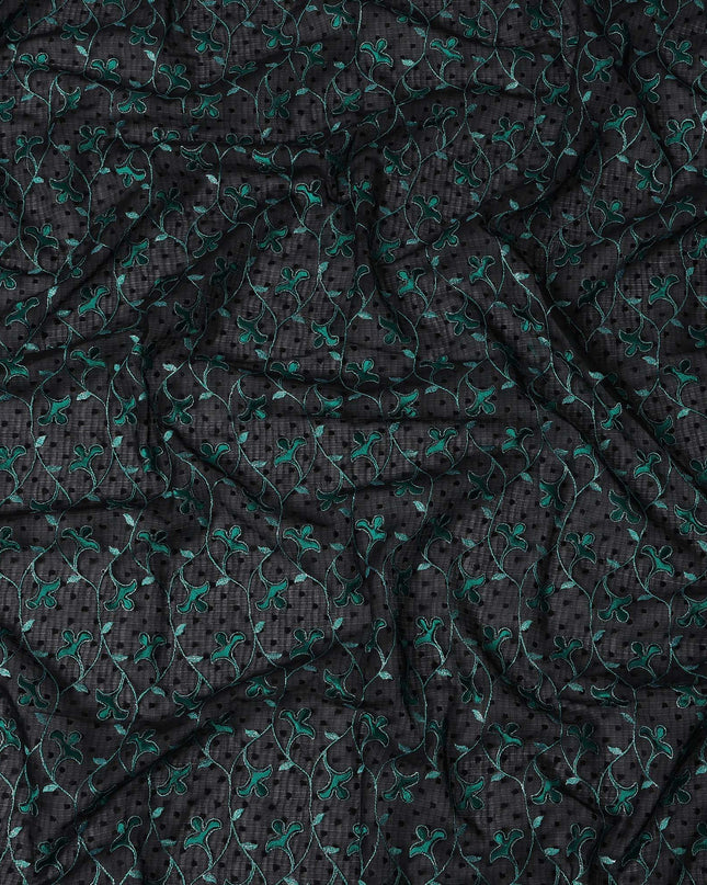 Black Swiss Cotton Voile Sudanese Thobe Fabric with Green Floral Embroidery, 4.5 MetersX140 Cms-D21380