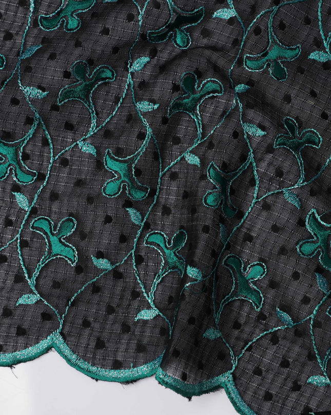 Black Swiss Cotton Voile Sudanese Thobe Fabric with Green Floral Embroidery, 4.5 MetersX140 Cms-D21380