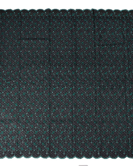 Black Swiss Cotton Voile Sudanese Thobe Fabric with Green Floral Embroidery, 4.5 MetersX140 Cms-D21380