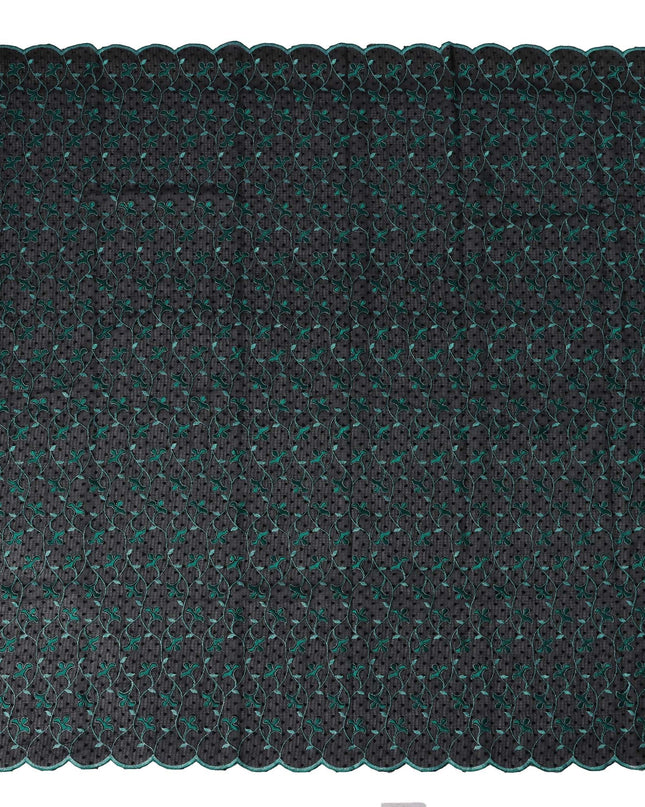 Black Swiss Cotton Voile Sudanese Thobe Fabric with Green Floral Embroidery, 4.5 MetersX140 Cms-D21380