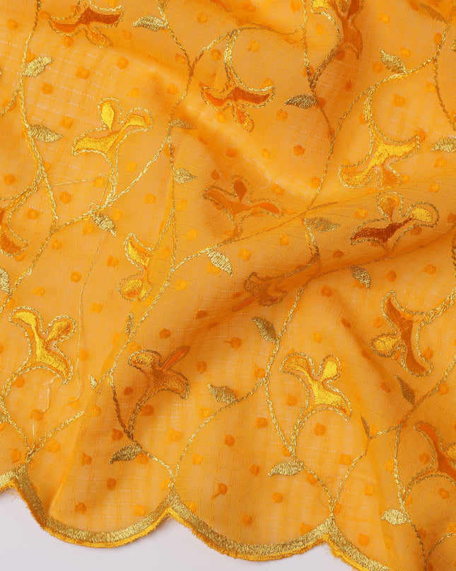 Yellow Swiss Cotton Voile Sudanese Thobe Fabric with Gold Floral Embroidery, 4.5 MetersX140 Cms-D21381