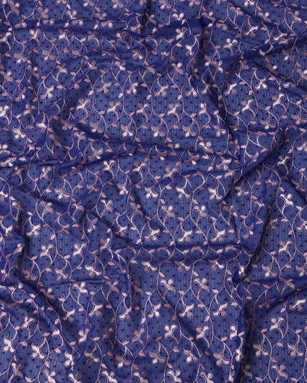 Blue Swiss Cotton Voile Sudanese Thobe Fabric with Pink and White Floral Embroidery, 4.5 MetersX140 Cms-D21382