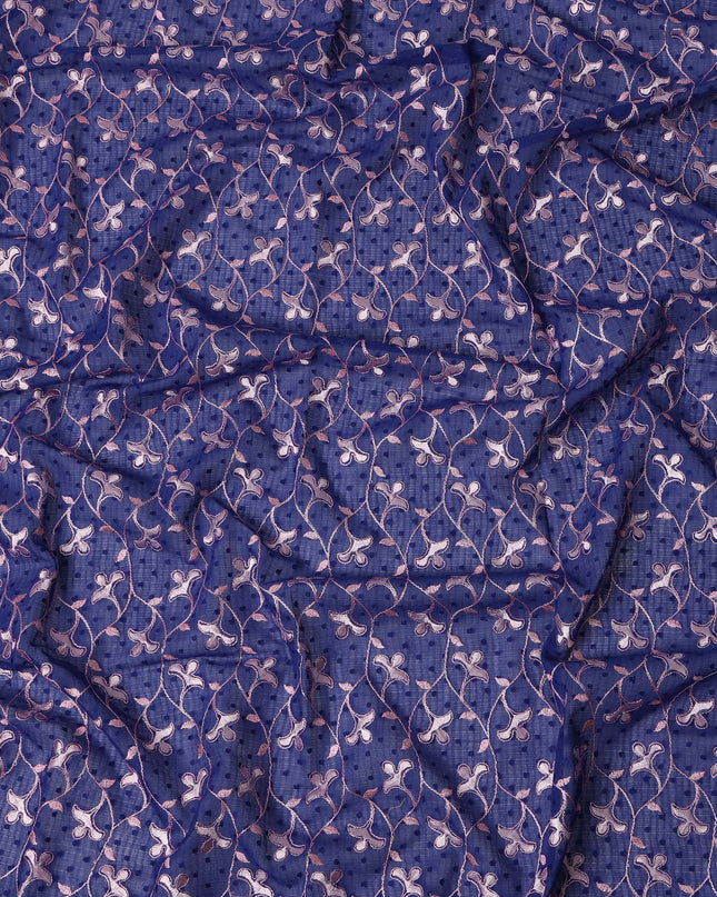 Blue Swiss Cotton Voile Sudanese Thobe Fabric with Pink and White Floral Embroidery, 4.5 MetersX140 Cms-D21382