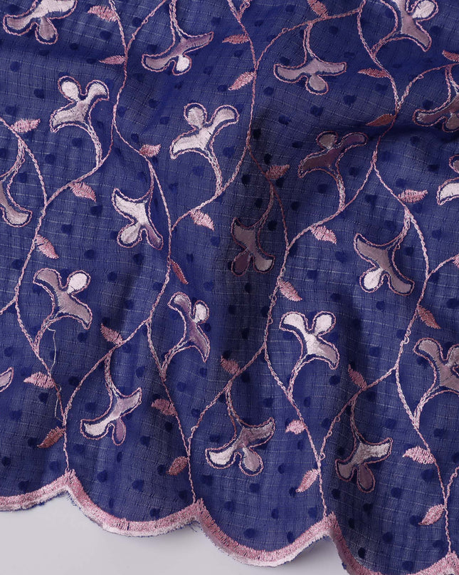 Blue Swiss Cotton Voile Sudanese Thobe Fabric with Pink and White Floral Embroidery, 4.5 MetersX140 Cms-D21382