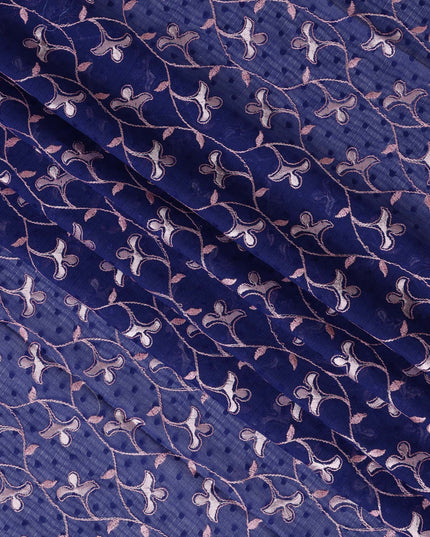 Blue Swiss Cotton Voile Sudanese Thobe Fabric with Pink and White Floral Embroidery, 4.5 MetersX140 Cms-D21382