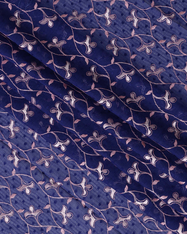 Blue Swiss Cotton Voile Sudanese Thobe Fabric with Pink and White Floral Embroidery, 4.5 MetersX140 Cms-D21382