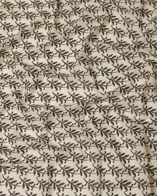 Cream Swiss Cotton Voile Sudanese Thobe Fabric with Brown Leaf Embroidery, 4.5 MetersX140 Cms-D21383