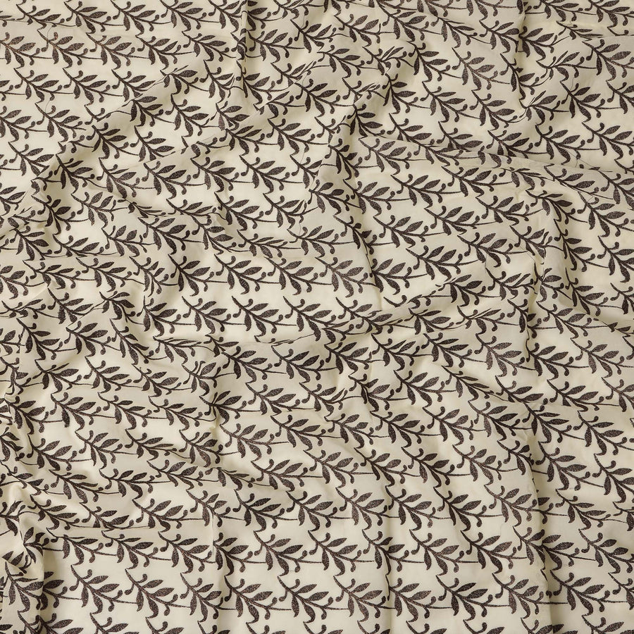 Cream Swiss Cotton Voile Sudanese Thobe Fabric with Brown Leaf Embroidery, 4.5 MetersX140 Cms-D21383 Regal Fabrics