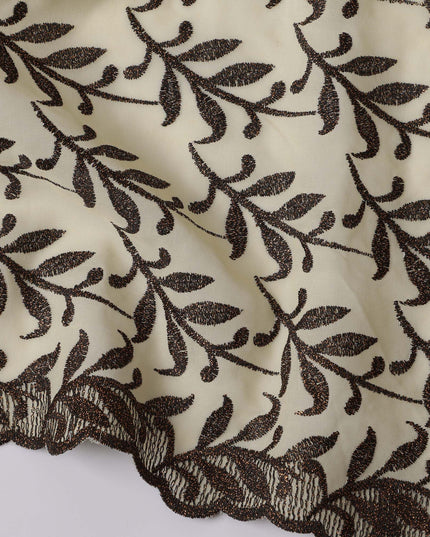 Cream Swiss Cotton Voile Sudanese Thobe Fabric with Brown Leaf Embroidery, 4.5 MetersX140 Cms-D21383