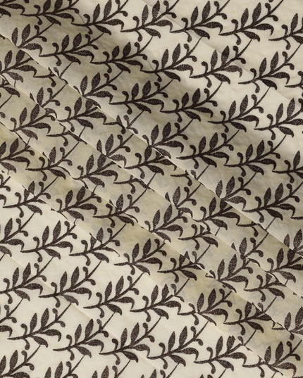 Cream Swiss Cotton Voile Sudanese Thobe Fabric with Brown Leaf Embroidery, 4.5 MetersX140 Cms-D21383