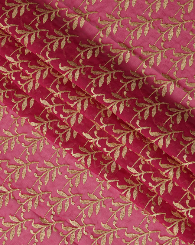 Pink Swiss Cotton Voile Sudanese Thobe Fabric with Gold Leaf Embroidery, 4.5 MetersX140 Cms-D21384