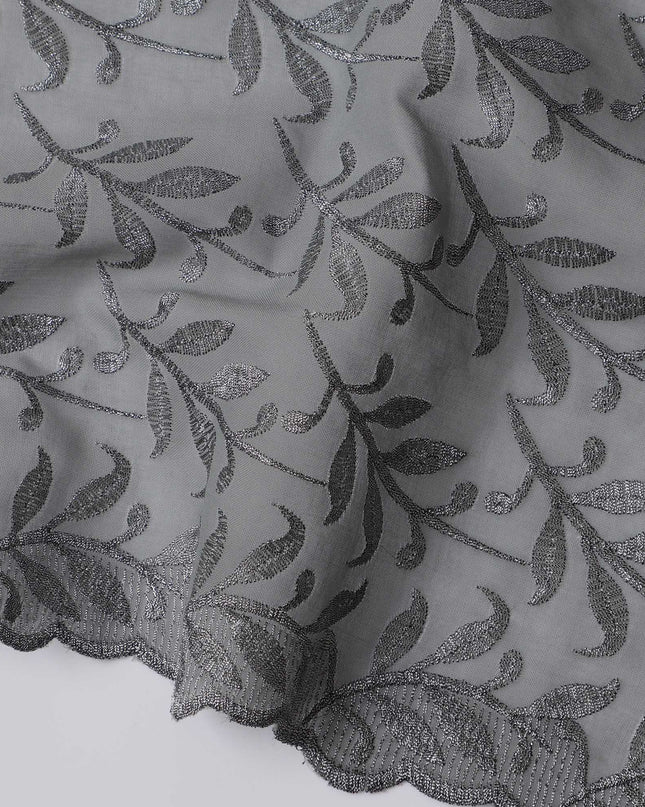 Grey Swiss Cotton Voile Sudanese Thobe Fabric with Silver Leaf Embroidery, 4.5 MetersX140 Cms-D21385