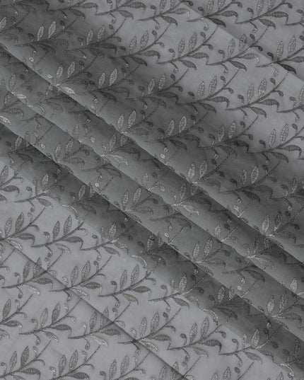 Grey Swiss Cotton Voile Sudanese Thobe Fabric with Silver Leaf Embroidery, 4.5 MetersX140 Cms-D21385