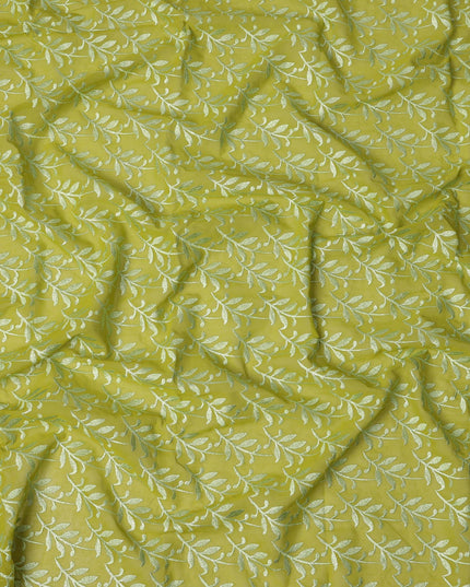 Lime Green Swiss Cotton Voile Sudanese Thobe Fabric with White Leaf Embroidery, 4.5 MetersX140 Cms-D21386