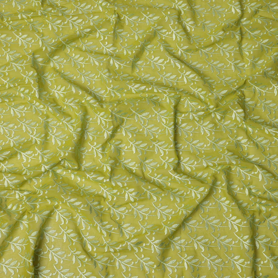 Lime Green Swiss Cotton Voile Sudanese Thobe Fabric with White Leaf Embroidery, 4.5 MetersX140 Cms-D21386