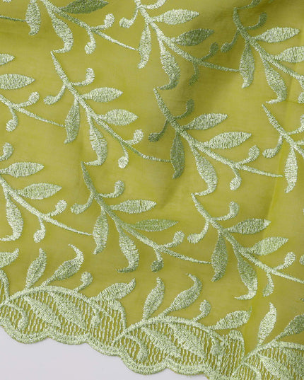 Lime Green Swiss Cotton Voile Sudanese Thobe Fabric with White Leaf Embroidery, 4.5 MetersX140 Cms-D21386