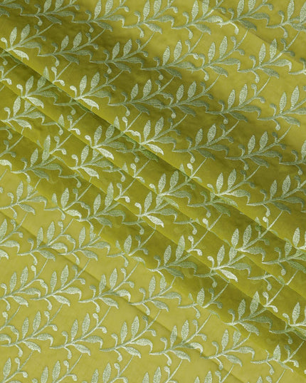 Lime Green Swiss Cotton Voile Sudanese Thobe Fabric with White Leaf Embroidery, 4.5 MetersX140 Cms-D21386