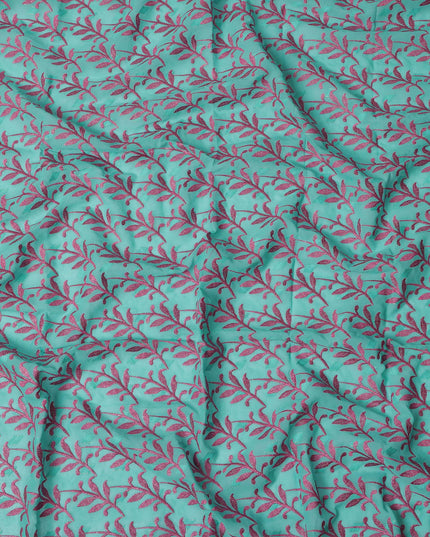 Aqua Green Swiss Cotton Voile Sudanese Thobe Fabric with Pink Leaf Embroidery, 4.5 MetersX140 Cms-D21387