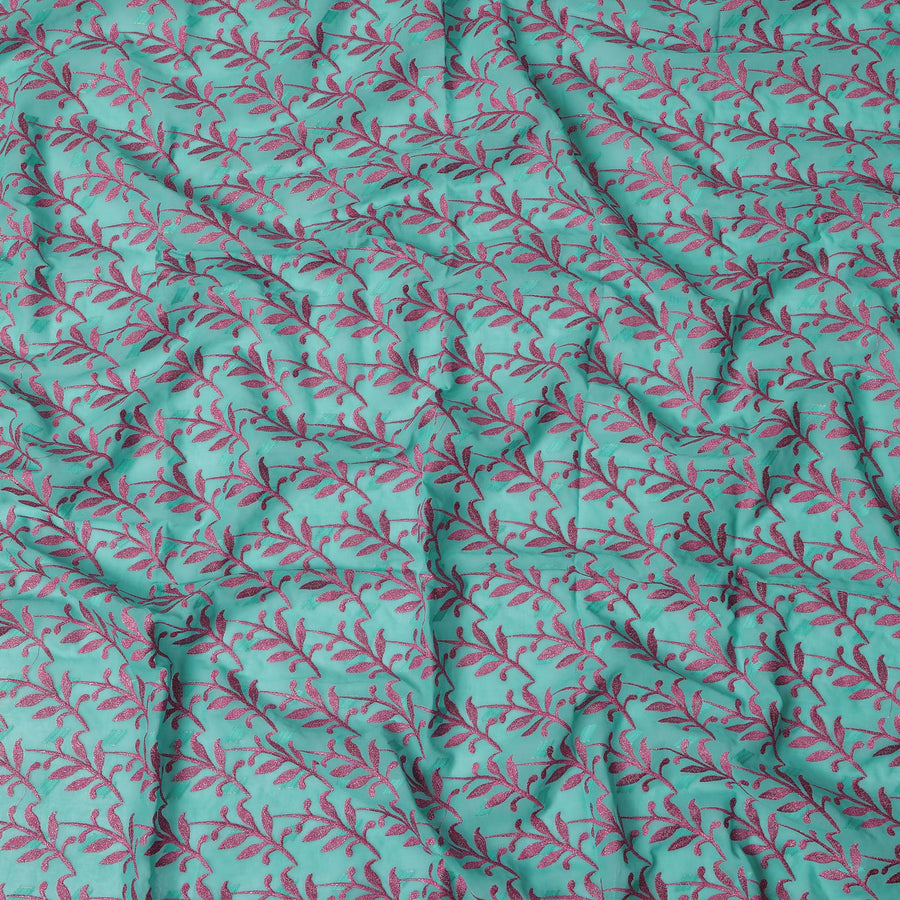 Aqua Green Swiss Cotton Voile Sudanese Thobe Fabric with Pink Leaf Embroidery, 4.5 MetersX140 Cms-D21387 Regal Fabrics
