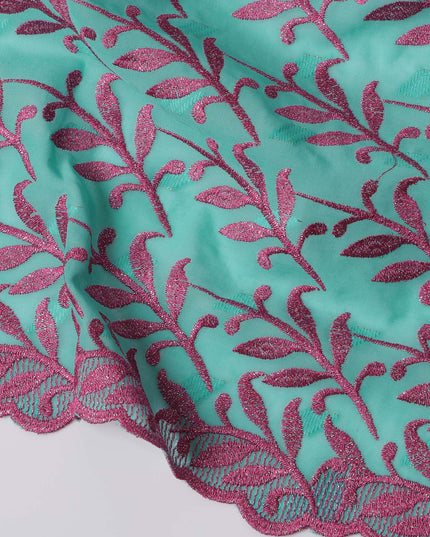 Aqua Green Swiss Cotton Voile Sudanese Thobe Fabric with Pink Leaf Embroidery, 4.5 MetersX140 Cms-D21387