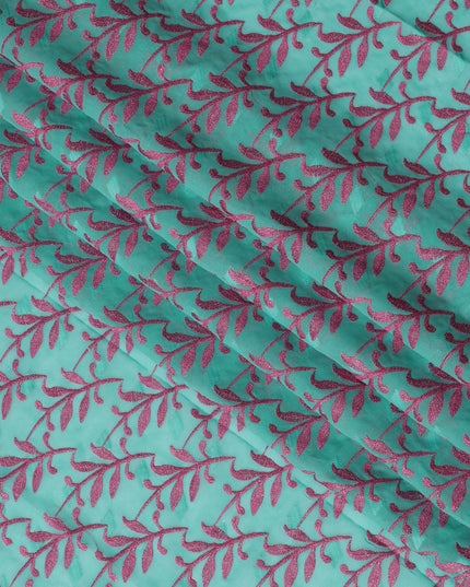 Aqua Green Swiss Cotton Voile Sudanese Thobe Fabric with Pink Leaf Embroidery, 4.5 MetersX140 Cms-D21387