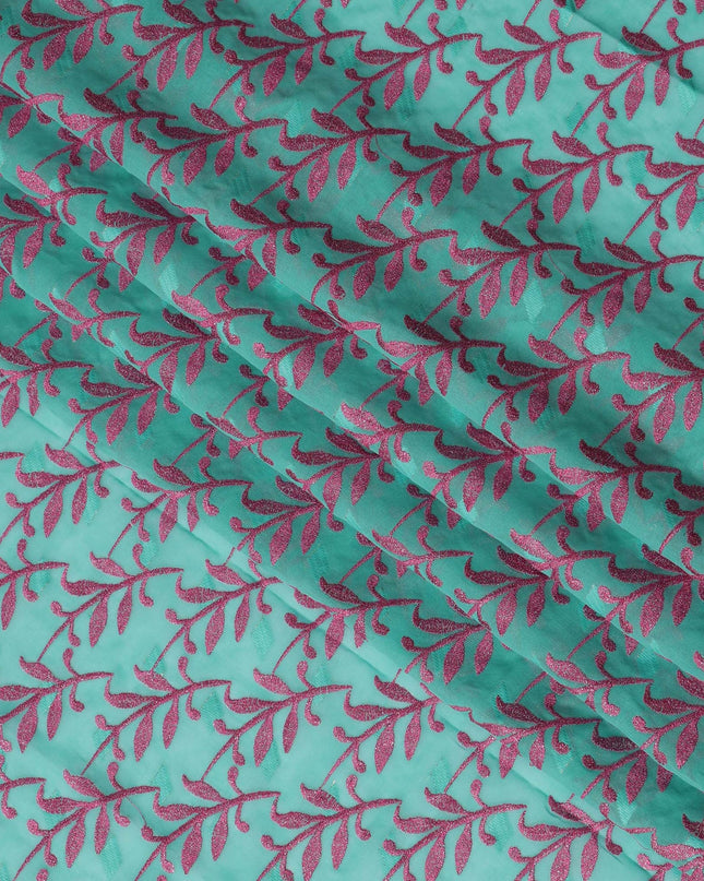 Aqua Green Swiss Cotton Voile Sudanese Thobe Fabric with Pink Leaf Embroidery, 4.5 MetersX140 Cms-D21387