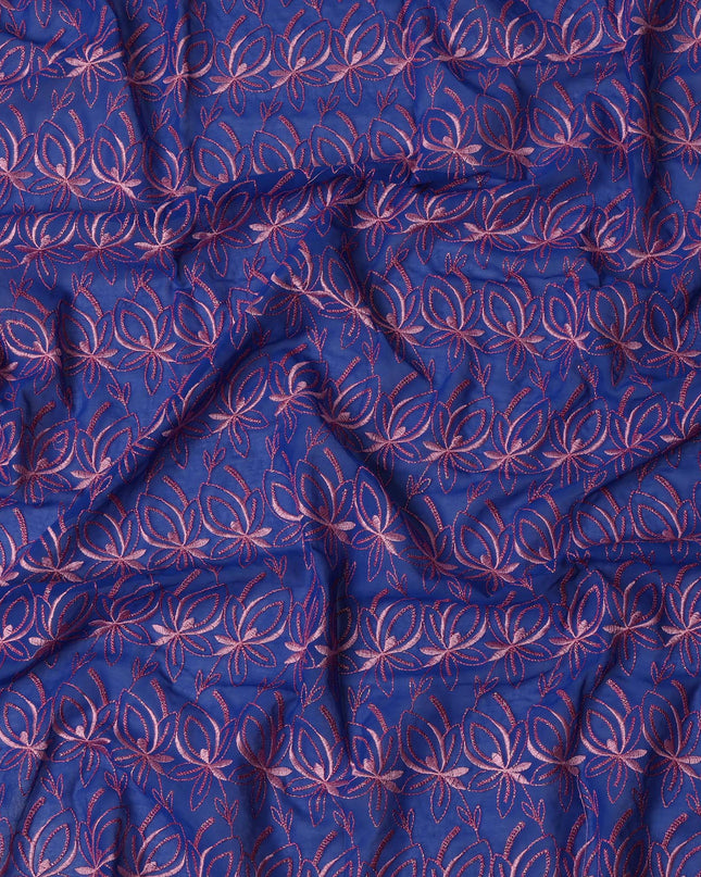 Royal Blue Swiss Cotton Voile Sudanese Thobe Fabric with Pink Floral Embroidery, 4.5 MetersX140 Cms-D21388