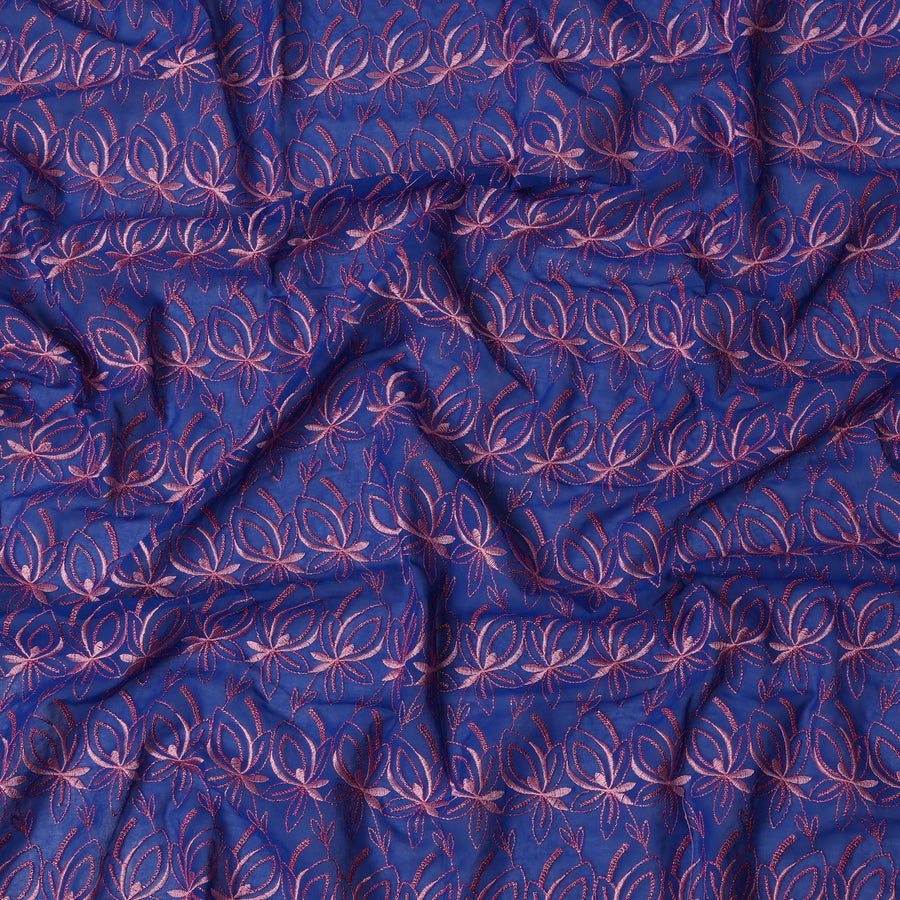 Royal Blue Swiss Cotton Voile Sudanese Thobe Fabric with Pink Floral Embroidery, 4.5 MetersX140 Cms-D21388