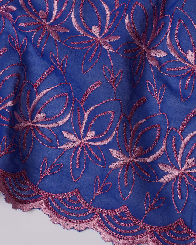 Royal Blue Swiss Cotton Voile Sudanese Thobe Fabric with Pink Floral Embroidery, 4.5 MetersX140 Cms-D21388