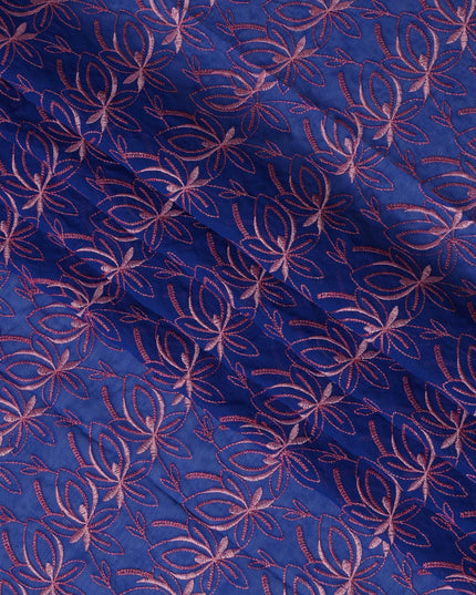 Royal Blue Swiss Cotton Voile Sudanese Thobe Fabric with Pink Floral Embroidery, 4.5 MetersX140 Cms-D21388