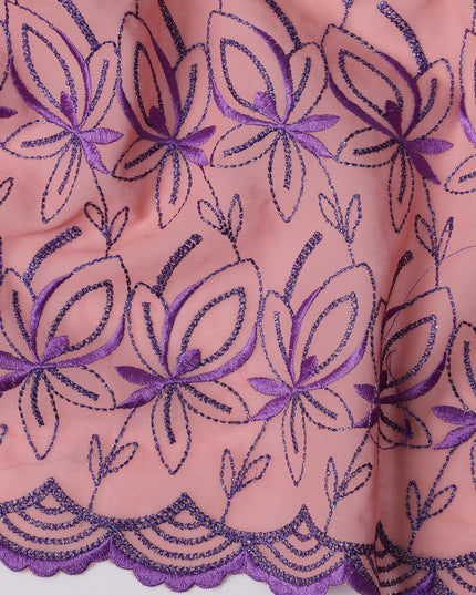 Light Pink Swiss Cotton Voile Sudanese Thobe Fabric with Purple Floral Embroidery, 4.5 MetersX140 Cms-D21389