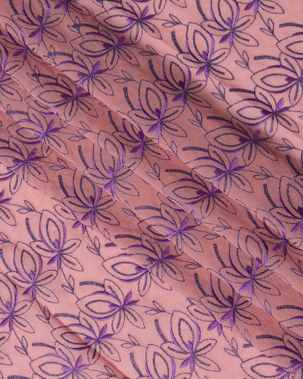 Light Pink Swiss Cotton Voile Sudanese Thobe Fabric with Purple Floral Embroidery, 4.5 MetersX140 Cms-D21389