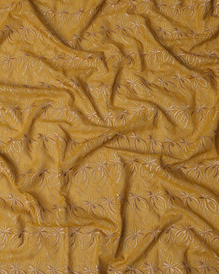 Mustard Yellow Swiss Cotton Voile Sudanese Thobe Fabric with Gold Floral Embroidery, 4.5 MetersX140 Cms-D21390